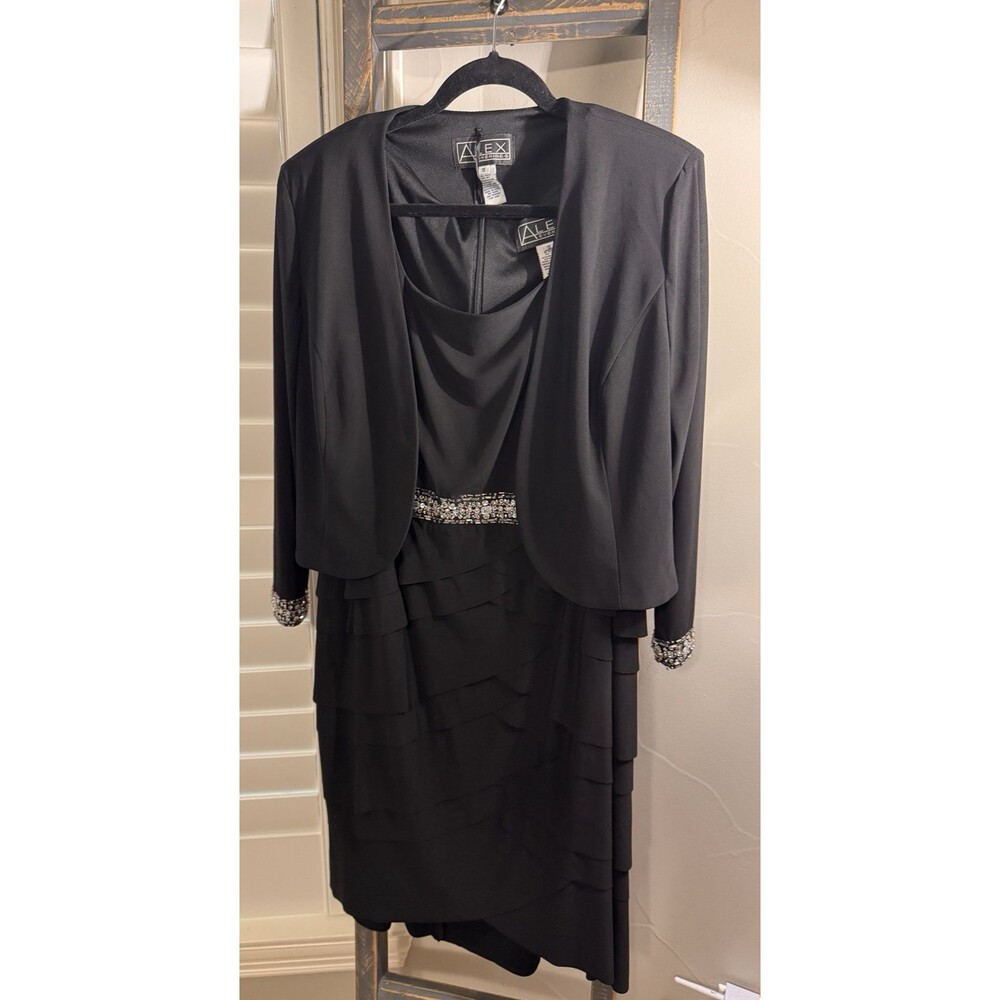 Alex Evenings Women's Tea Length Embellished Jacket Black Dress Size 18